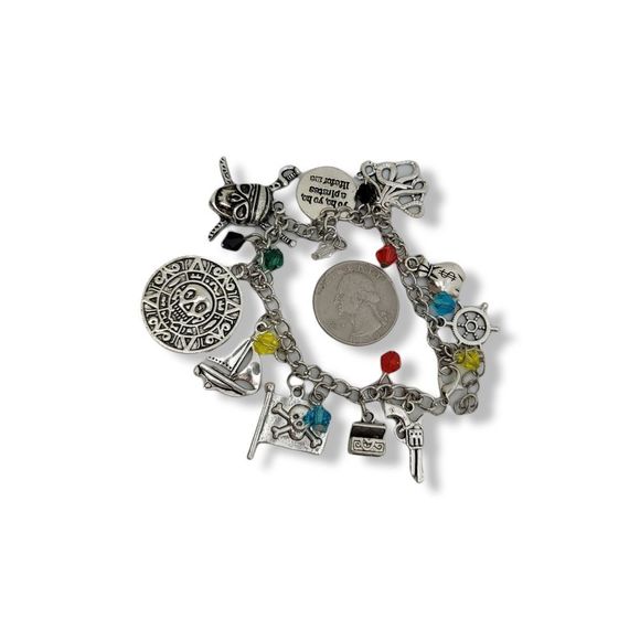 Pirate charm crystal and coin skull and crossbones Kraken bracelet 7" with 2" - Picture 3 of 4